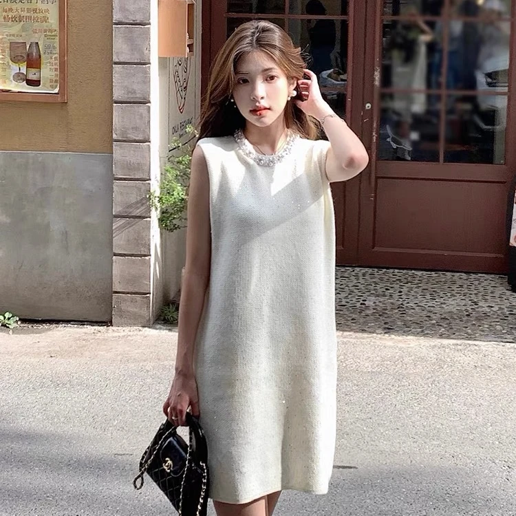 小香风无袖连衣裙女春季上新韩版裙子新款法式亮片设计感裙子