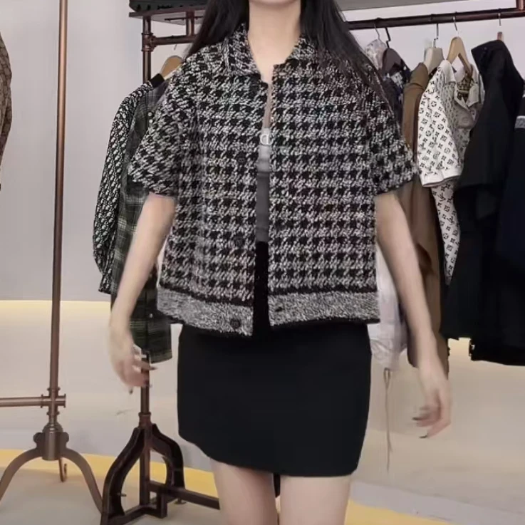 全新未使用 DIOR/迪奥 双色千鸟格单排扣翻领短袖 36-40