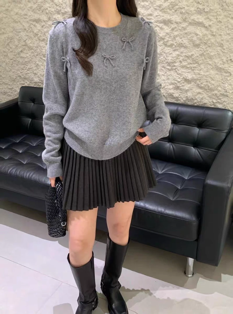 玲姐定制-韩系气质灰色休闲减龄蝴蝶结针织毛衣280184