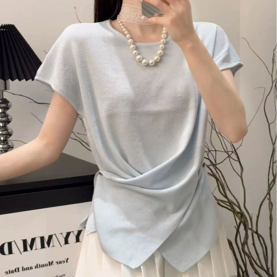 设计感交叉短袖圆领针织衫夏季百搭不规则气质时尚收腰显瘦上衣