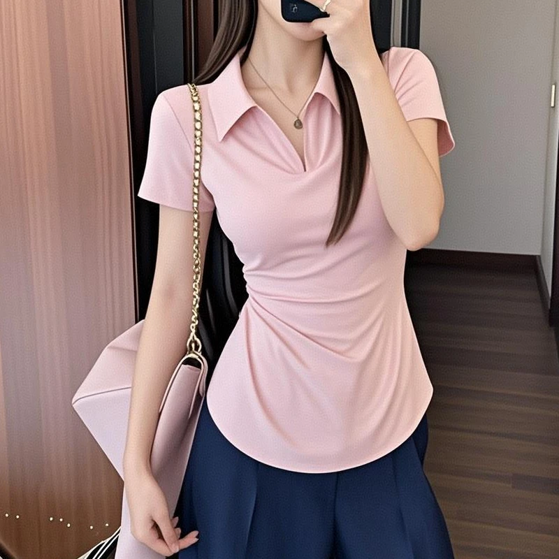 胖冰2 M25022现货时尚翻领T恤夏季新款洋气百搭显瘦上衣