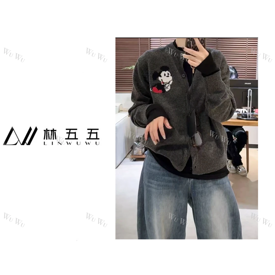 【五五定制】2024新款—秋冬时尚休闲舒适拼色卡通针织羊毛开衫