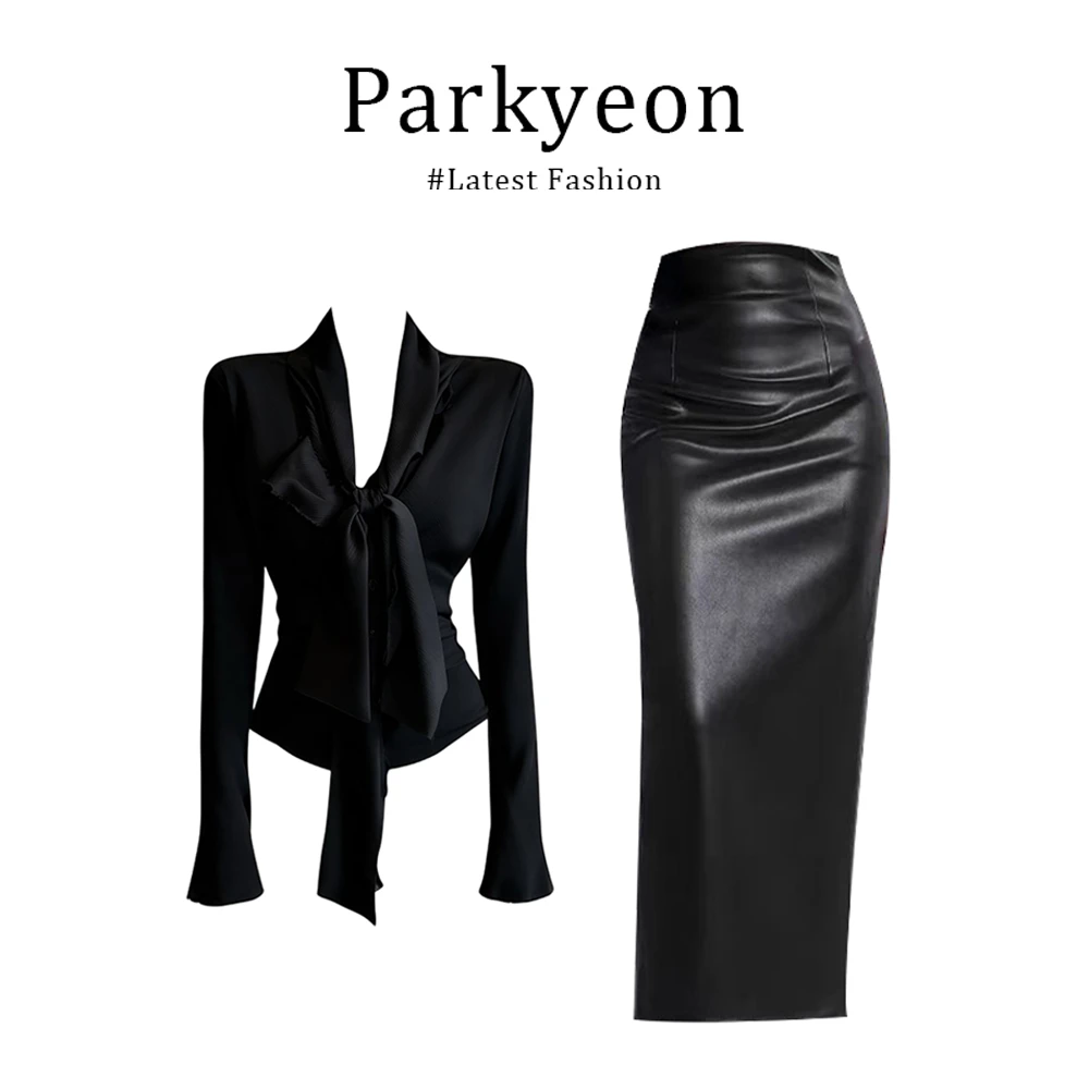 黑色手工毛边披肩系带多穿衬衫上衣皮质半身裙时尚套装