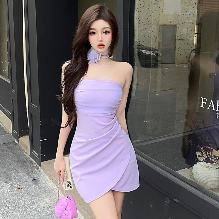 纯欲一字肩网纱拼接不规则修身连衣裙+花朵项带性感抹胸包臀短裙