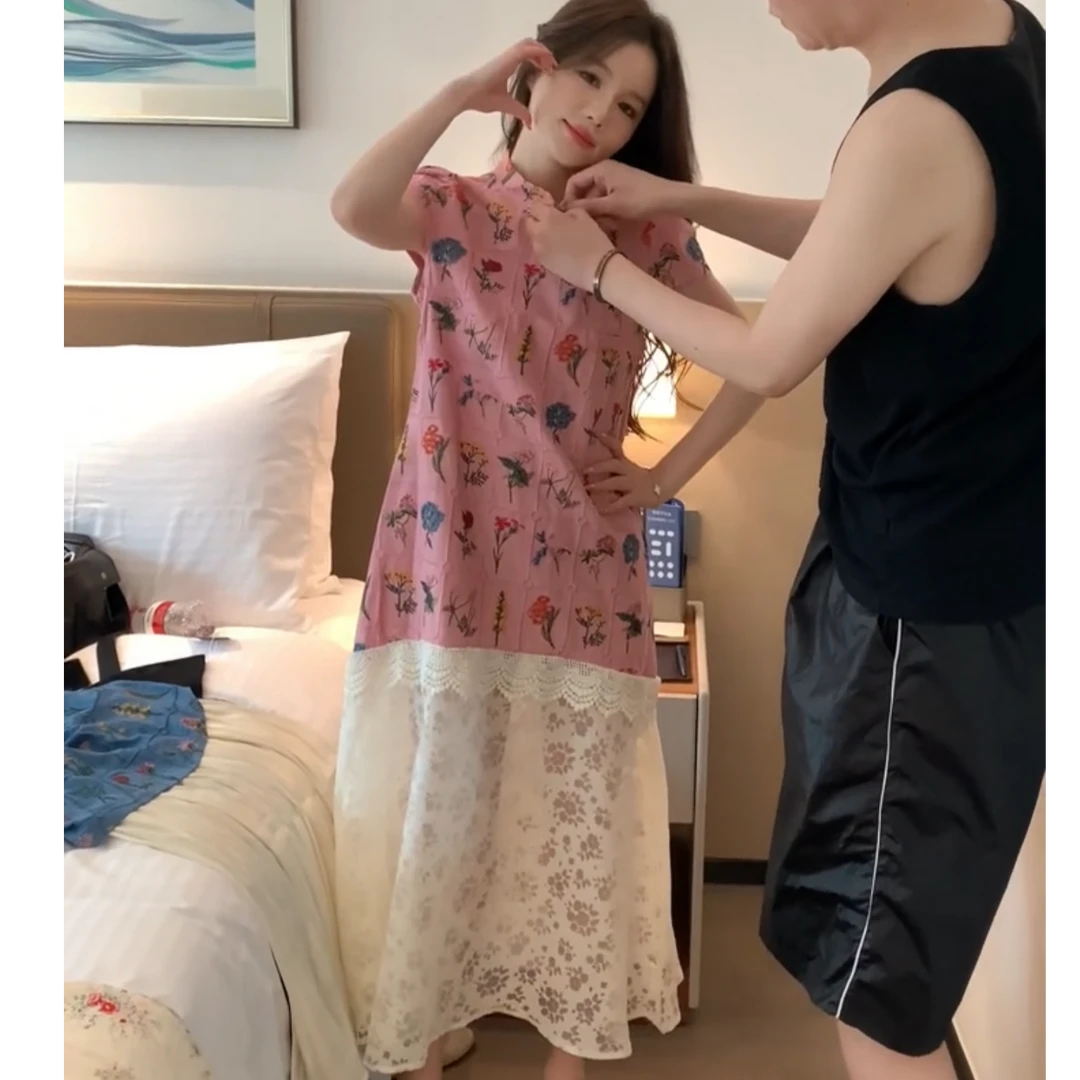 宽松腰拼接夏季高腰长裙连衣裙女士无袖大码网红蕾丝韩版薄款