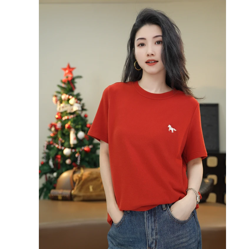 小乖逃三色！深灰红色白色长袖T恤打底圆领红色小马刺绣秋冬S25773