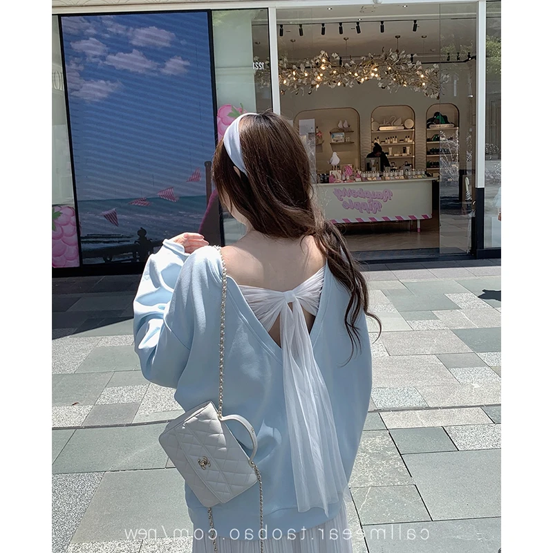 2025新款早秋季慵懒显瘦上衣女设计感网纱蝴蝶结拼接V领卫衣女款