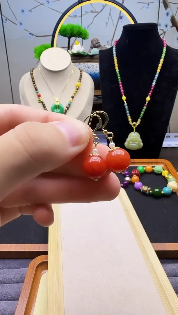 南红玛瑙14K金镶嵌耳饰E68