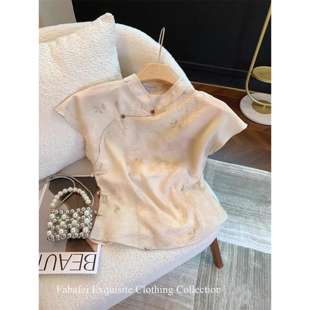 新中式国风斜襟盘扣短袖T恤女2025夏季新款气质别致修身显瘦上衣