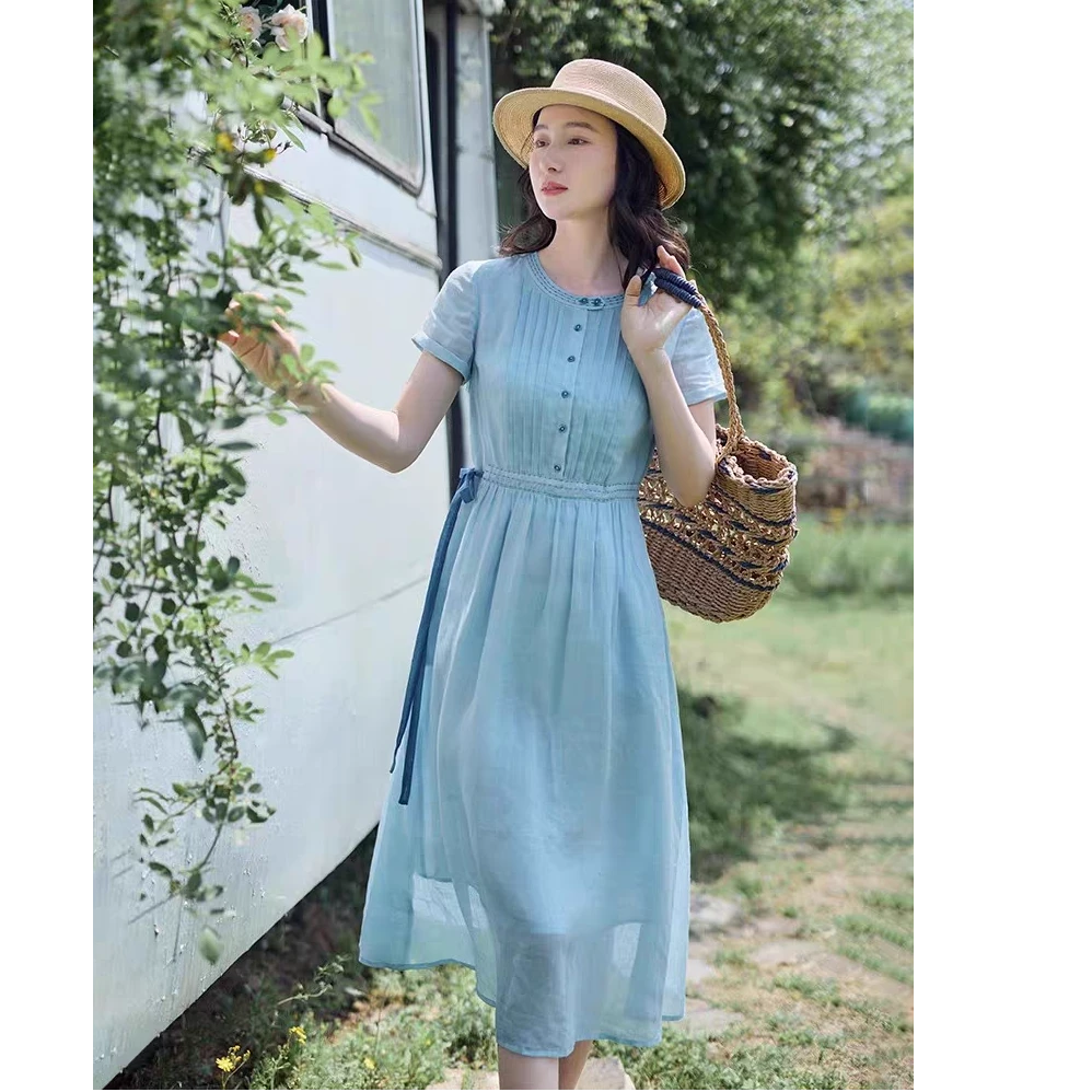 红念文艺蓝色苎麻连衣裙收腰显瘦小众女装夏季禅意气质款气质裙子