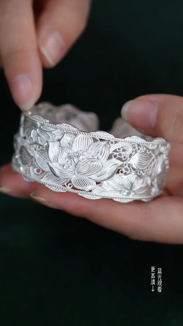 珐琅足银999新款花丝莲花手镯