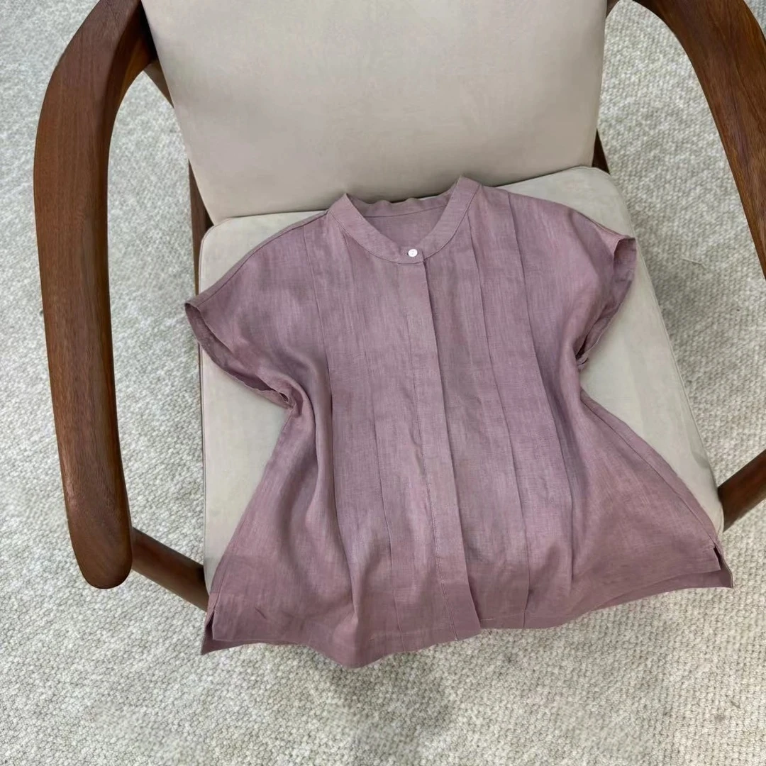 2025汉麻压褶纯色衬衫夏季新款时尚百搭飞飞袖文艺休闲女士1540