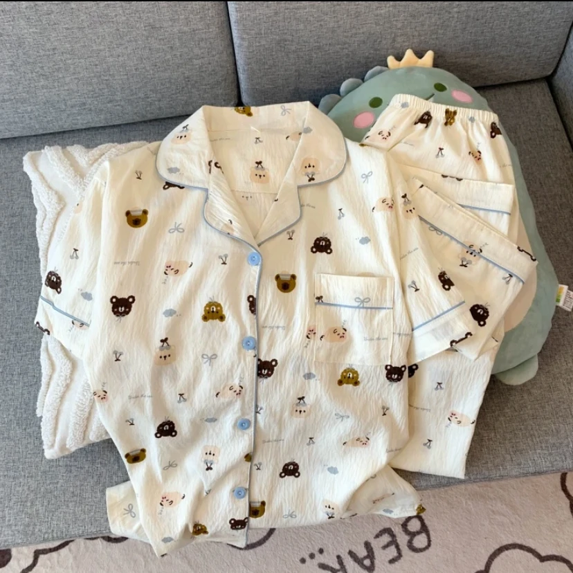 芯语婷夏季新款蝴蝶结小熊睡衣三件套女韩版宽松舒适家居服套装