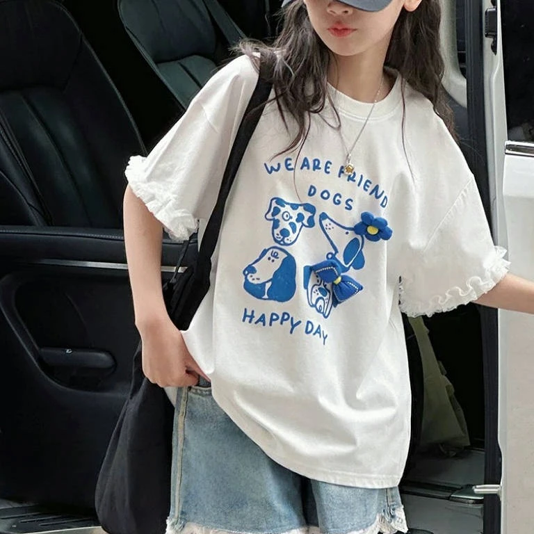 2025中大女童甜美风蕾丝木耳边小狗印花立体花朵宽松短袖T恤25090