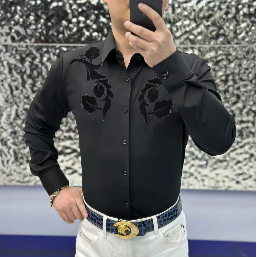 2025FLD甄选新款免烫弹力时尚重工烫印贴钻春长袖衬衣潮流82520