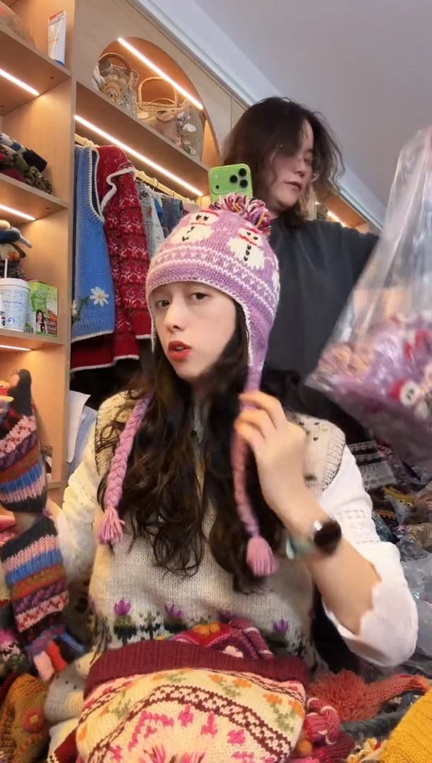 纯棉百羊毛紫色雪人护耳帽