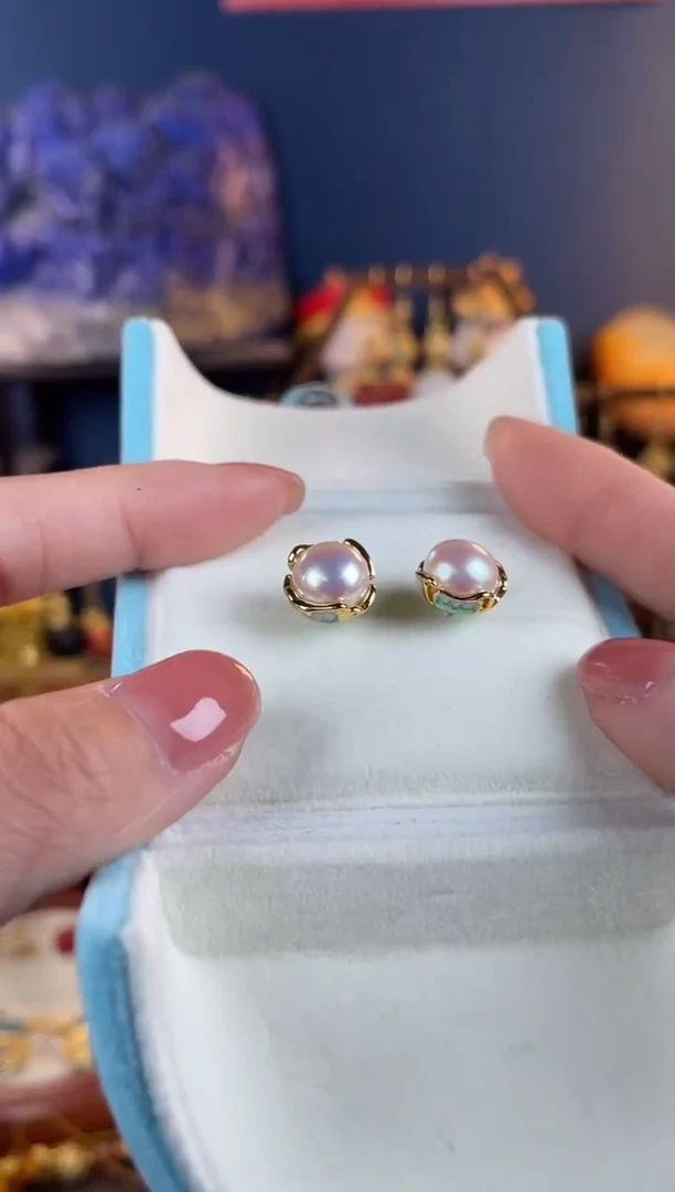 银S925镀金镶嵌耳饰淡水珍珠?****?，绿色耳钉