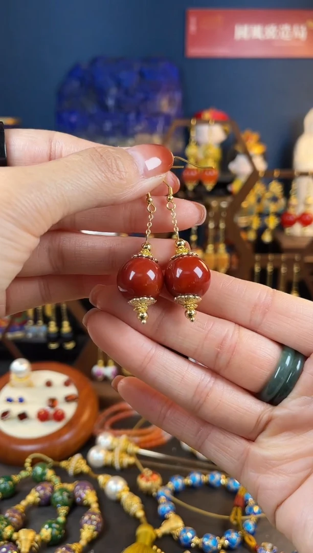 【闪购商品】玛瑙/玉髓耳坠银S925镀金镶嵌战国红耳钩