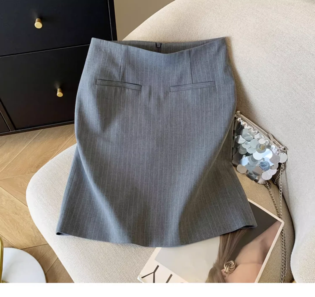 条纹通勤拉链轻熟风高腰半身裙显瘦时尚韩版百搭A字半裙