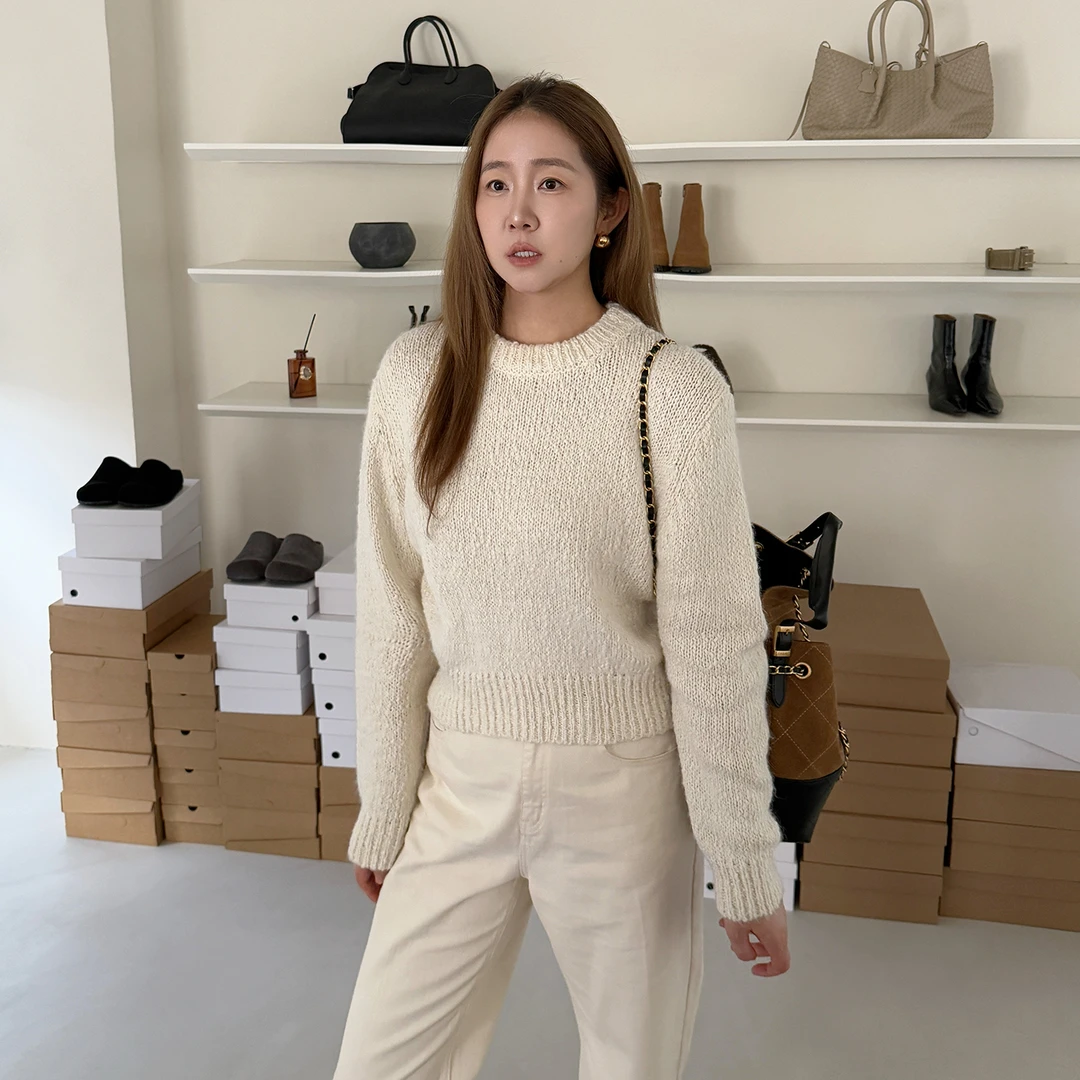 widelia陈姬儿秋季韩系简约圆领针织衫百搭休闲毛茸茸毛衣117525