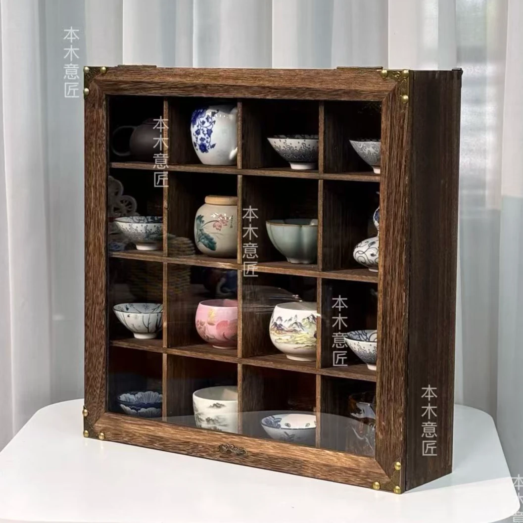 新中式桌面收纳盒带盖子收纳收纳盒置物架木柜防尘挂钩款1131