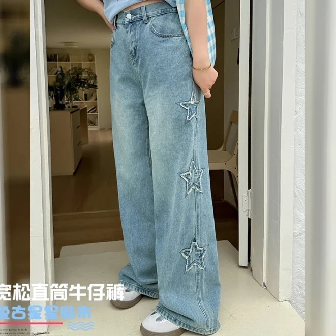 福饮沸别【星罗棋布】大码女装复古星星贴布直筒百搭牛仔裤YC126