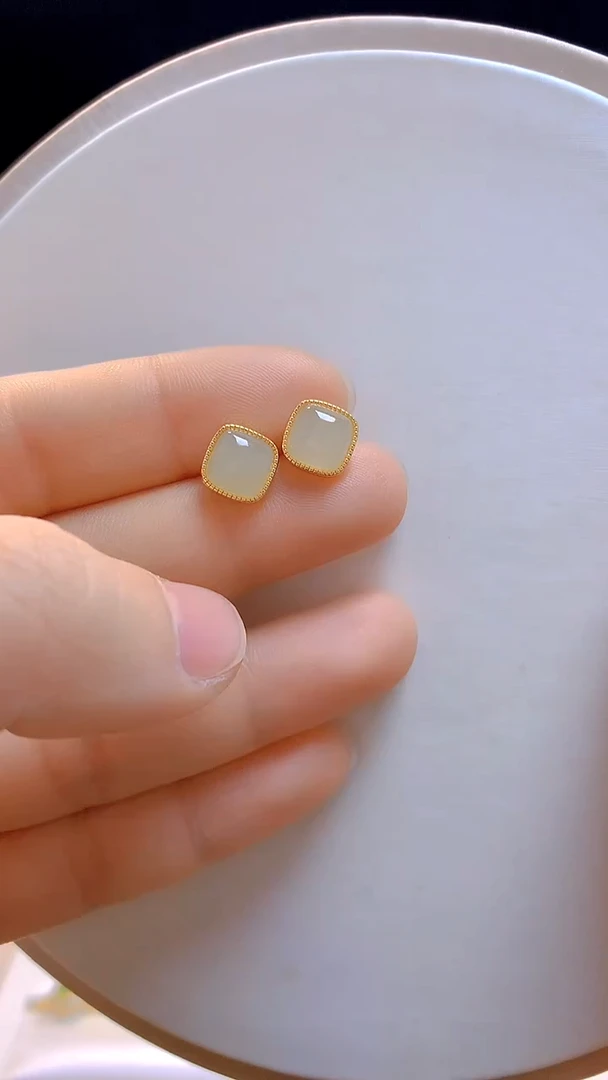 银S925镶嵌和田玉耳钉冰晴方糖耳钉