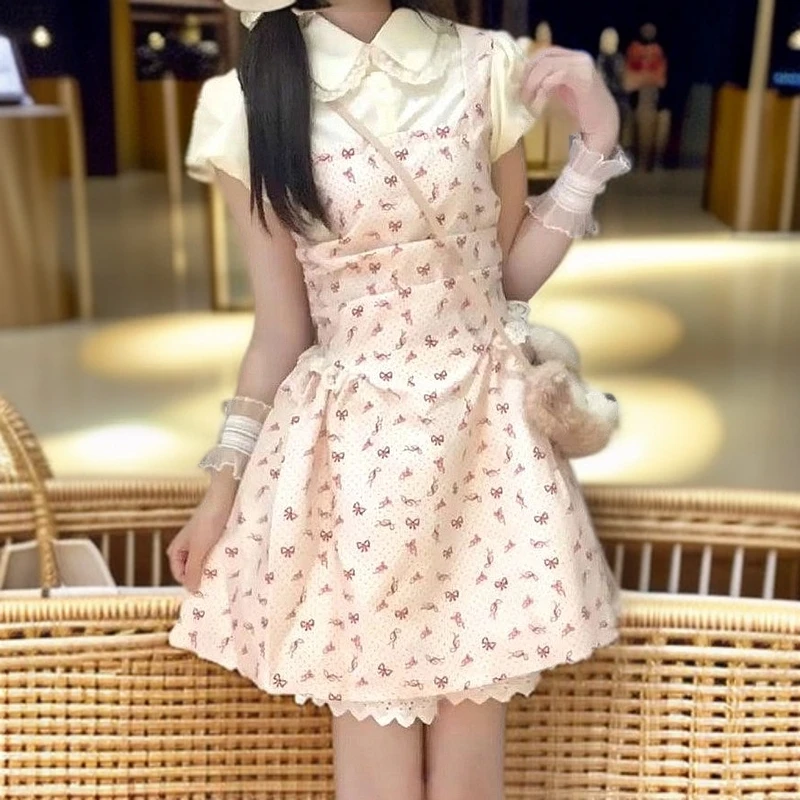 甜美万能夏夏少女减龄学院风女装碎花假两件连衣裙腈纶涤纶可爱