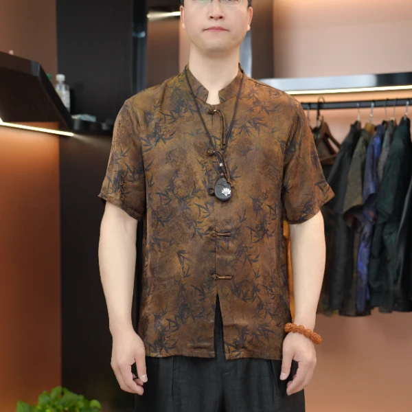 富贵竹经典款香云纱男夏季真丝桑蚕丝绸中国风男装复古