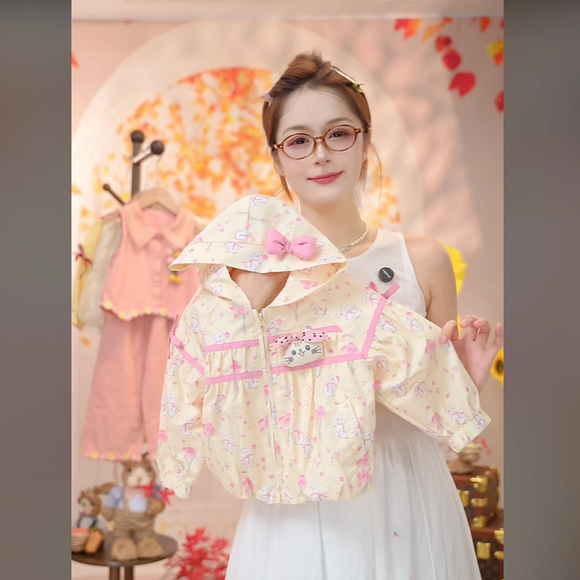 2025秋季女童花边猫咪卡通连帽休闲外套儿童77730138050