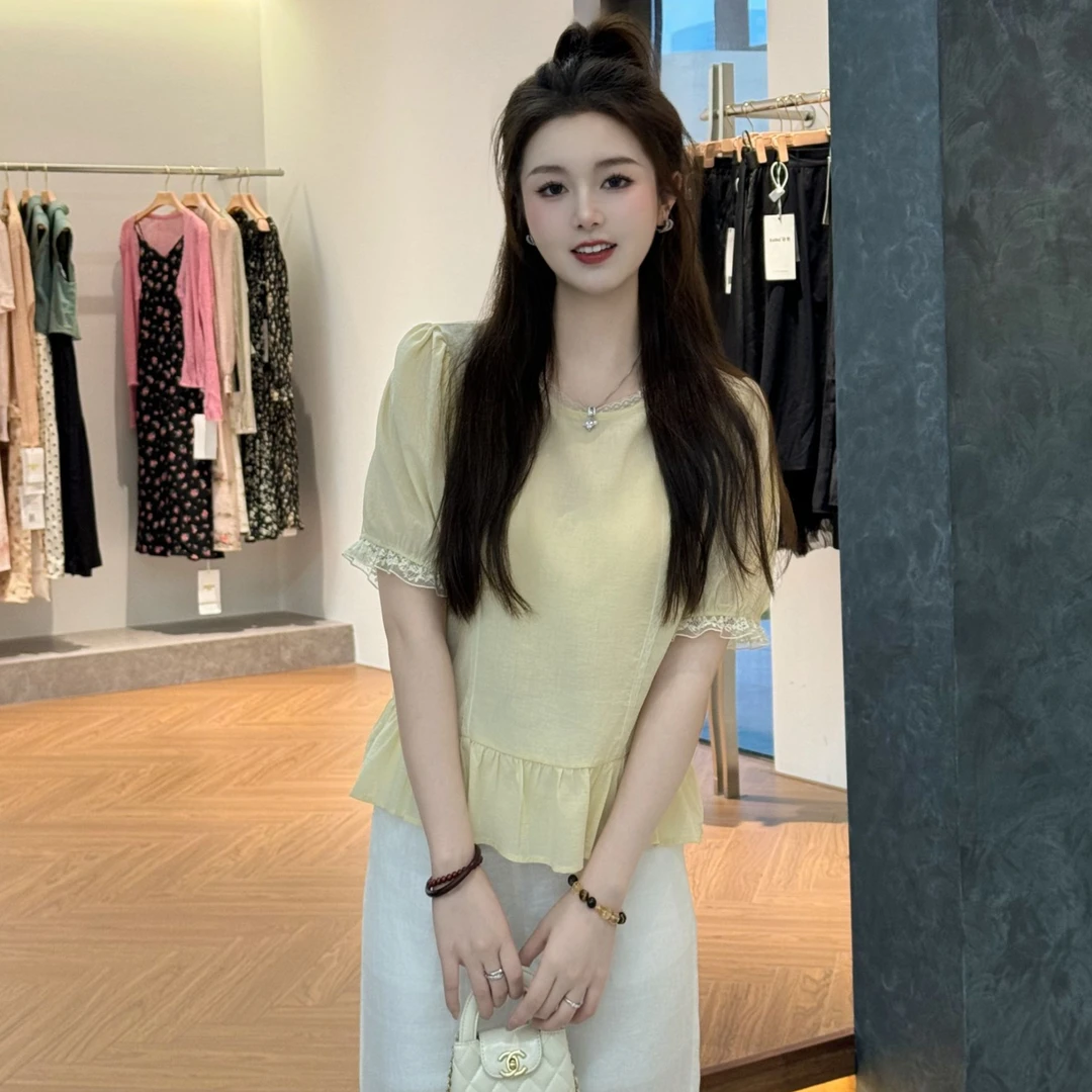 宿慕SUMU公主蕾丝短袖2025新款夏季百搭圆领上衣86009小雨女装