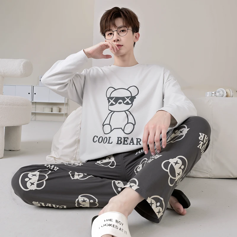 男士睡衣春秋季纯棉薄款长袖卡通圆领暴力熊青少年学生家居服套装