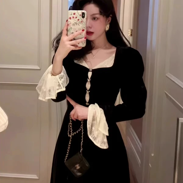 大码女装连衣裙高腰长裙法式胖mm显瘦裙子蝴蝶结丝绒裙