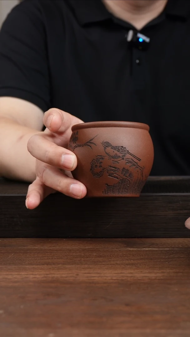 茶壶紫砂紫泥大号主人杯  ！    刻绘小鸟