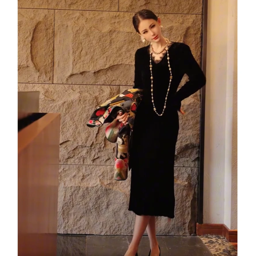 【扶摇】真丝丝绒女神裙优雅气质大方v领KY57779连衣裙320g110cm