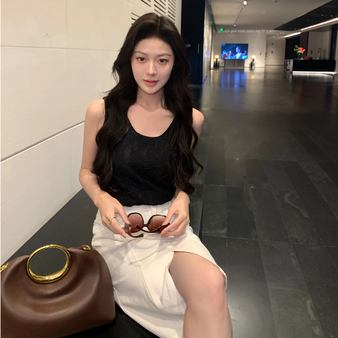 Maven Lin【空花叠影】重工立体花型蕾丝U领无袖吊带背心镂空上衣女