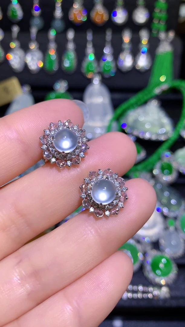 【闪购商品】翡翠耳饰18K金镶嵌玻璃种极光蛋面耳包