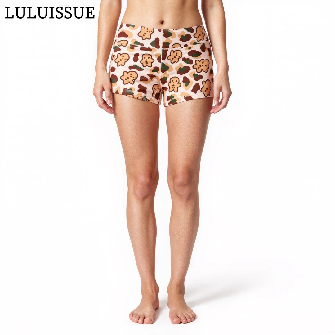 LULUISSUE｜姜饼人训练运动高弹花短裤奶杏色耶诞印花女子瑜伽裤