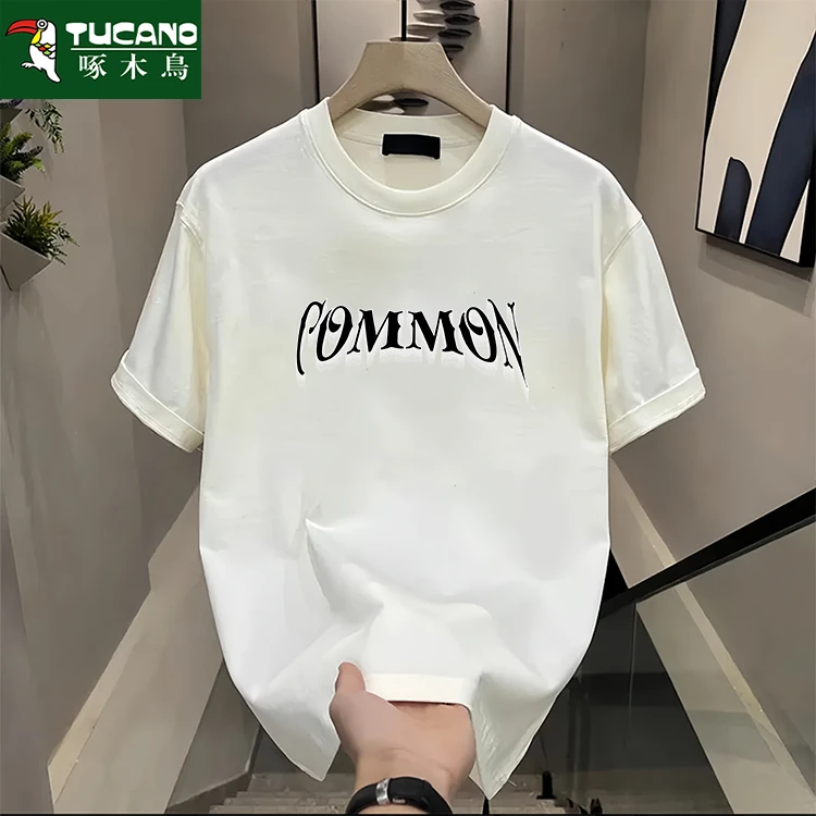 啄木鸟纯棉短袖t恤男圆领重磅夏季潮流宽松全棉半袖圆领青年上衣t