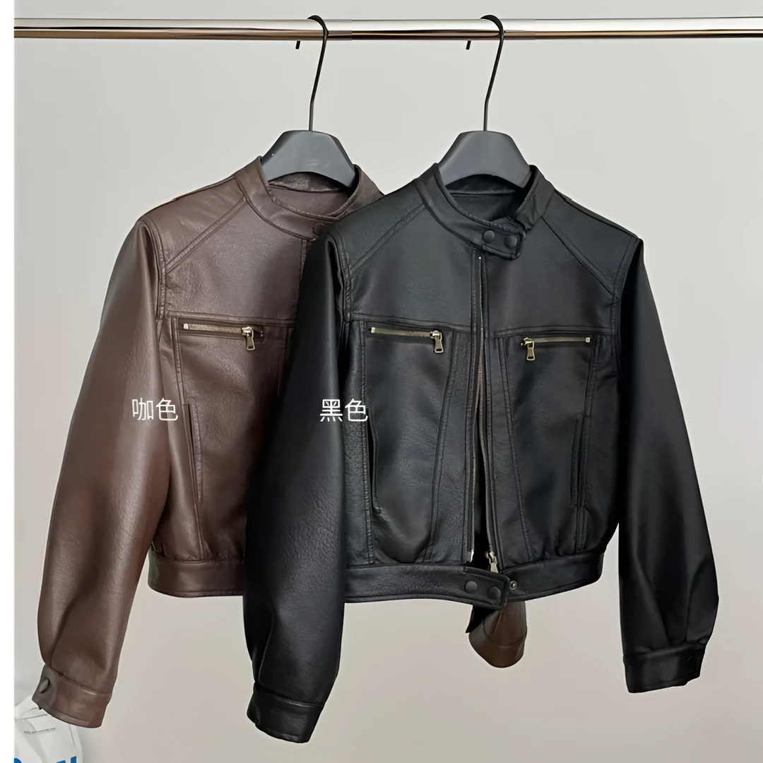 秋冬款短款小个子女孩黑色皮衣外套设计感秋季复古圆领高级感欧货