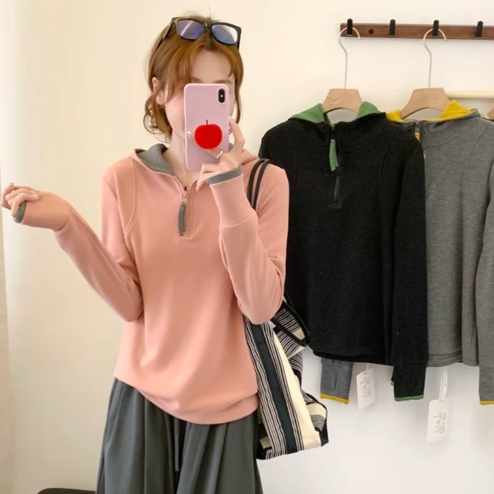 木子静-「海盐芝士」韩系半拉链拼色磨毛休闲显瘦连帽打底衫-9173