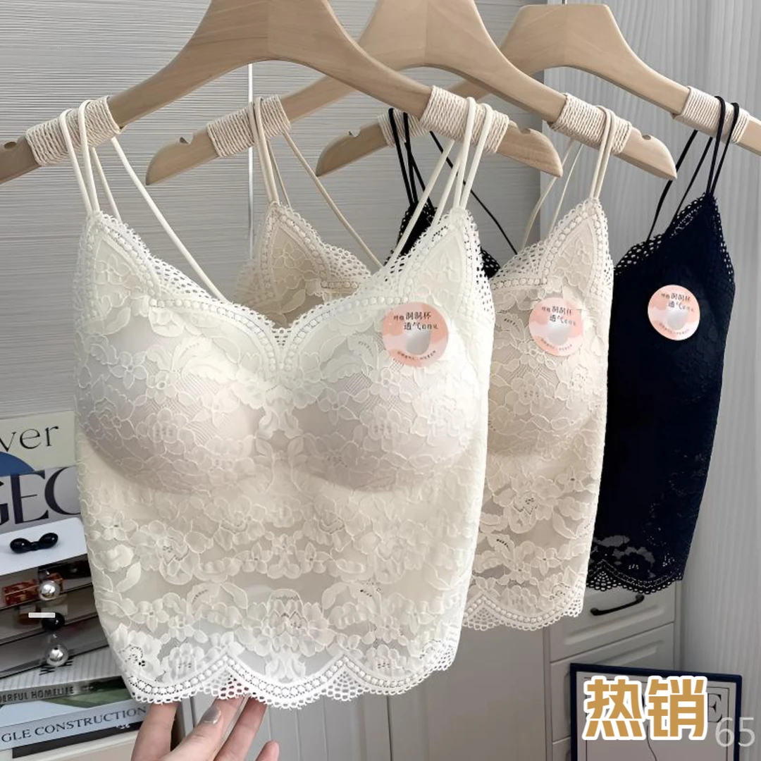 性感蕾丝美背内衣文胸一体带胸垫交叉带无钢圈薄款吊带背心内搭女
