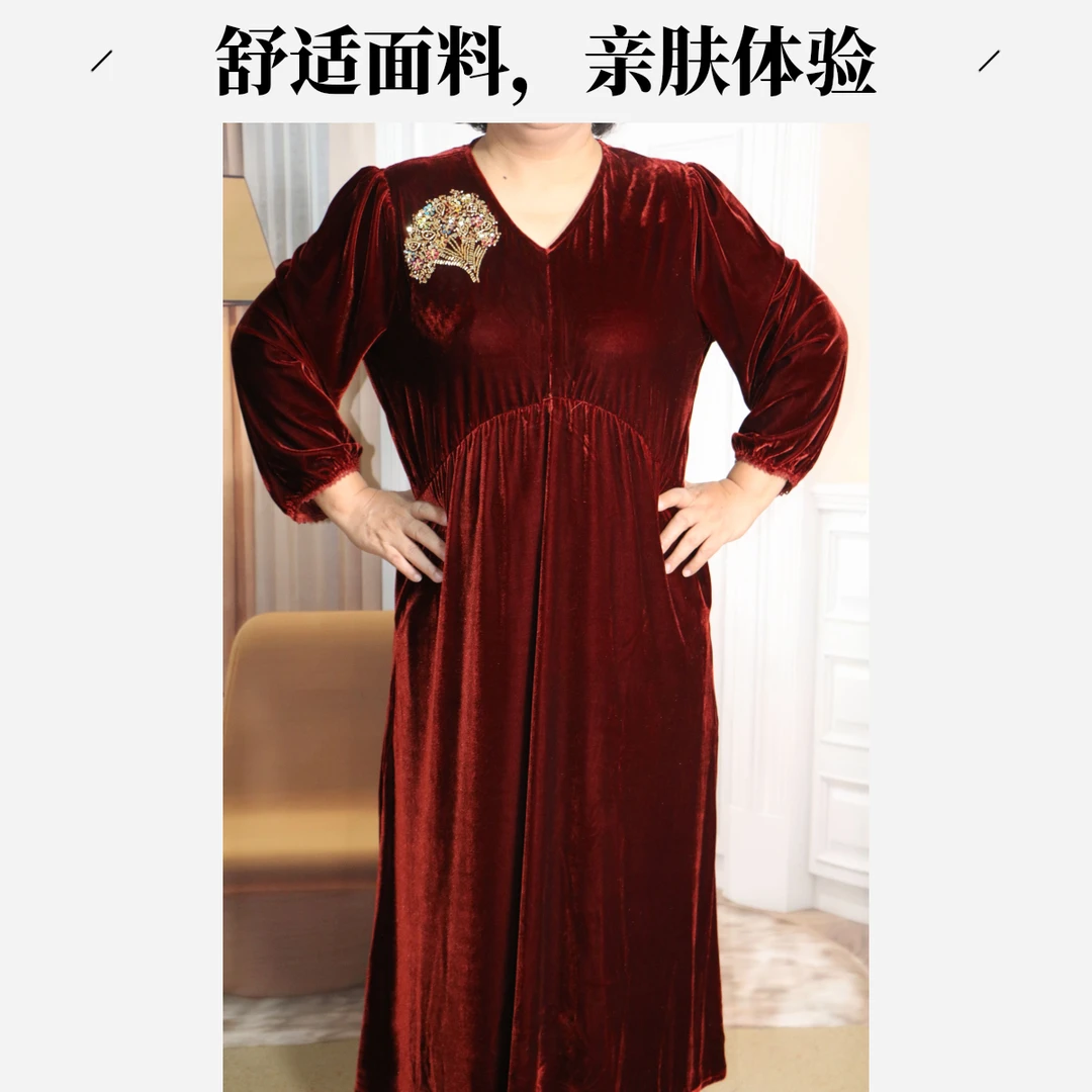 [0905]五色刺花金丝绒大码妈妈裙