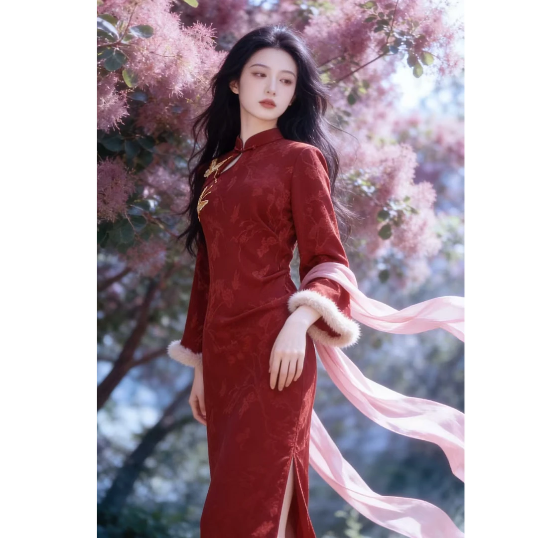 【如意】新款冬季加绒国风改良旗袍裙复古气质订婚敬酒服红色长款