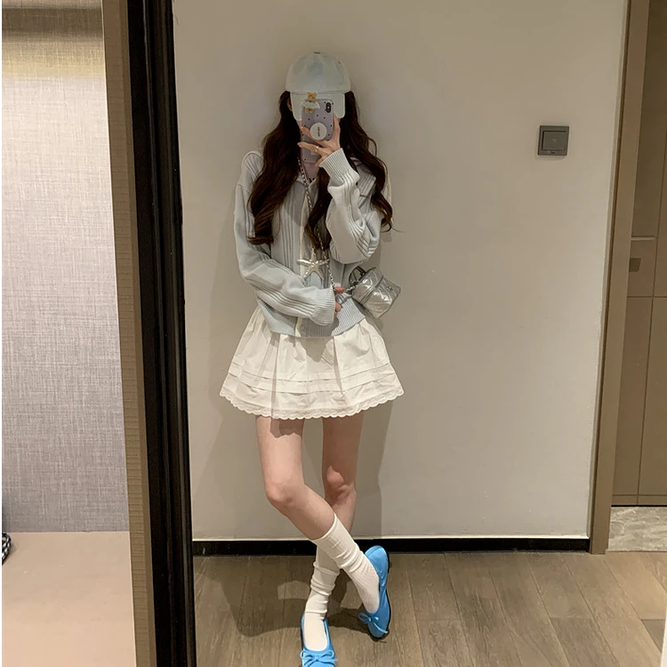 2025早春新款韩系小个子蓝色针织开衫女设计感海军领毛衣长袖上衣