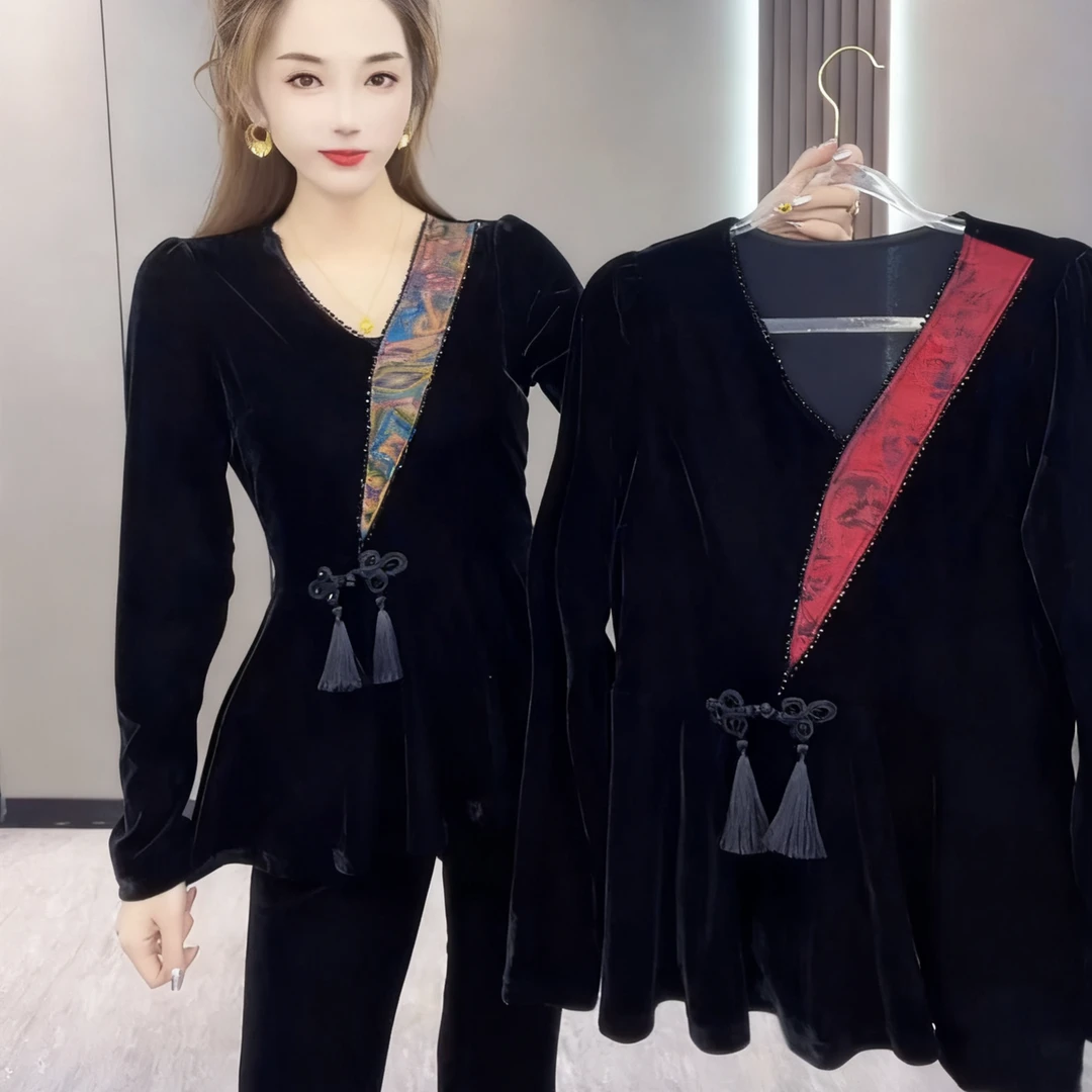 2025秋季新款中式金丝绒长袖拼接显瘦气质上衣国风盘扣串珠小衫潮