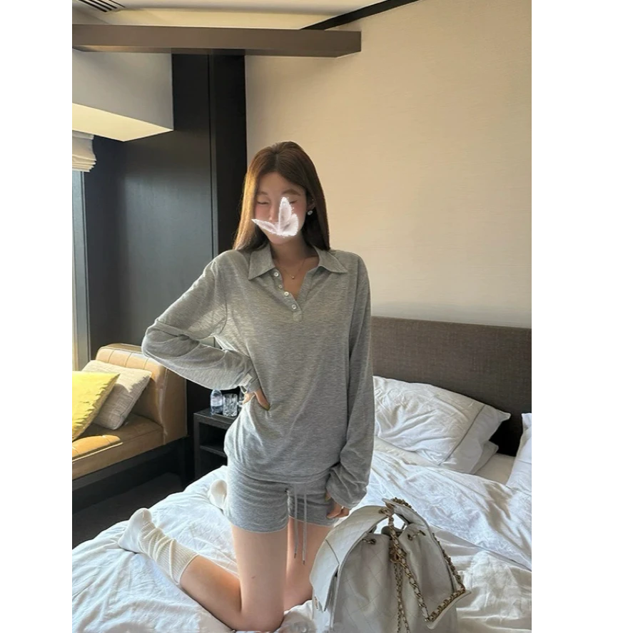 优秀的金蘑菇 凉感7O天丝亚麻百搭轻薄PoloT恤骑行裤套装」