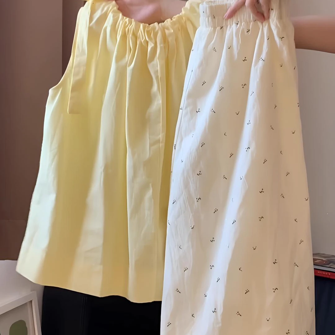 多巴胺夏季衣服嫩黄色甜妹无袖小衬衫印花拼接蕾丝半身裙两件套女