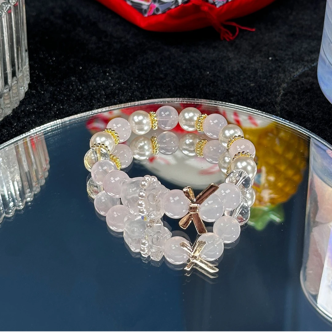 xy179 小熊果冻粉白水晶18K金隔珠蝴蝶结施家珠手串