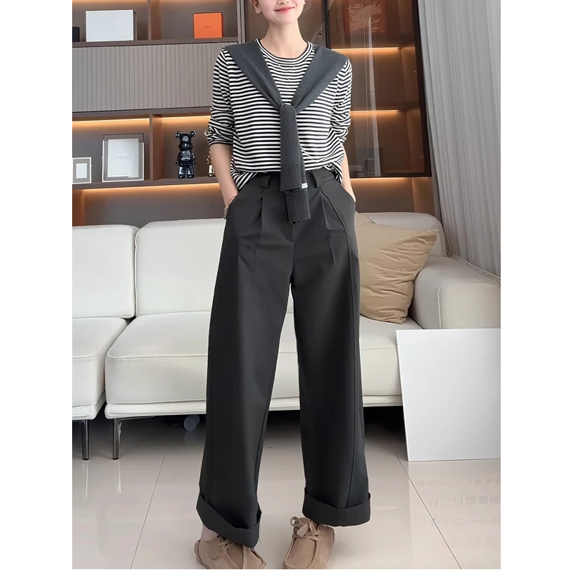 秋季时尚休闲一整套女减龄条纹披肩长袖上衣显瘦直筒阔腿裤两件套